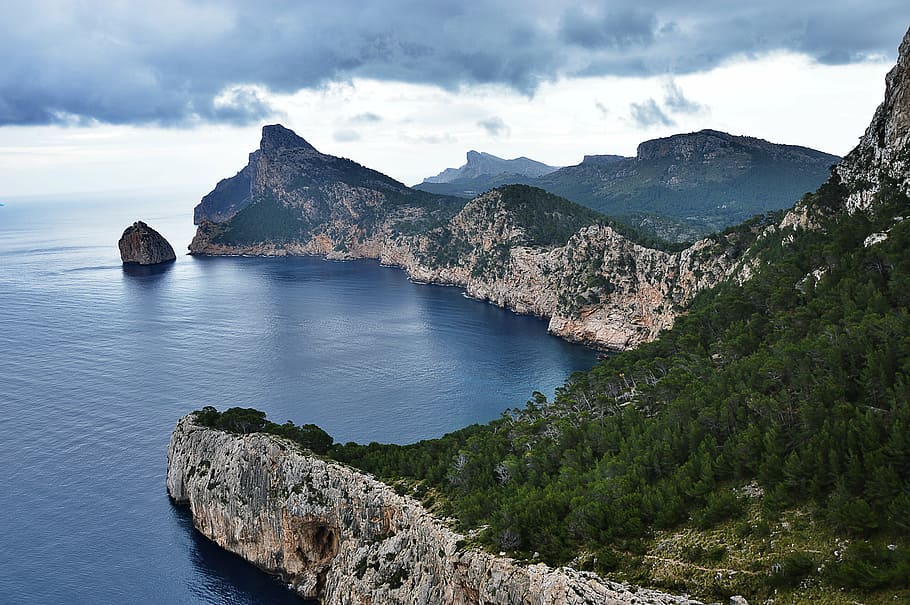 mallorca, rocky coast, wide, viewpoint, cap formentor, mountain, water, scenics - nature, sky, beauty in nature