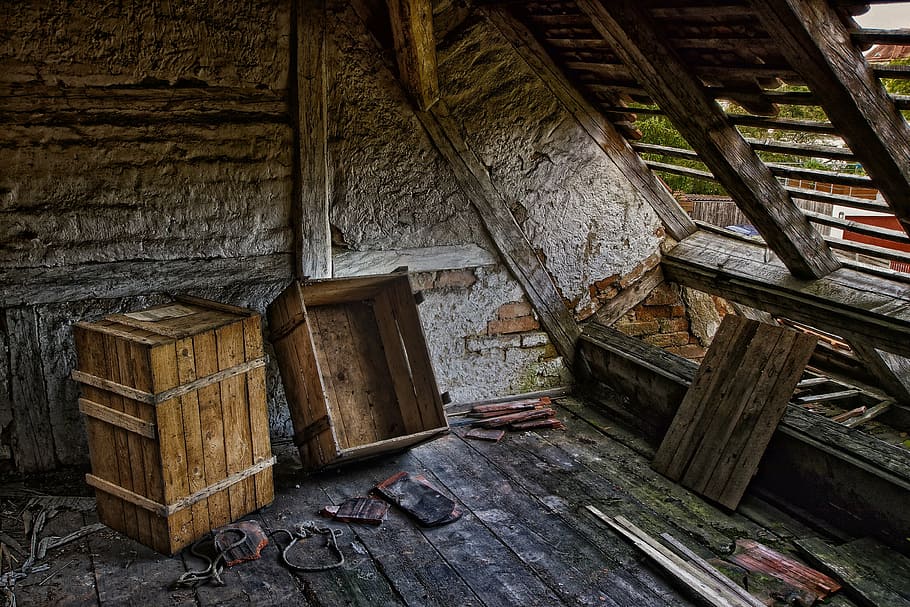 two, brown, wooden, crates, roof, decay, ruin, lumber, lapsed, dilapidated