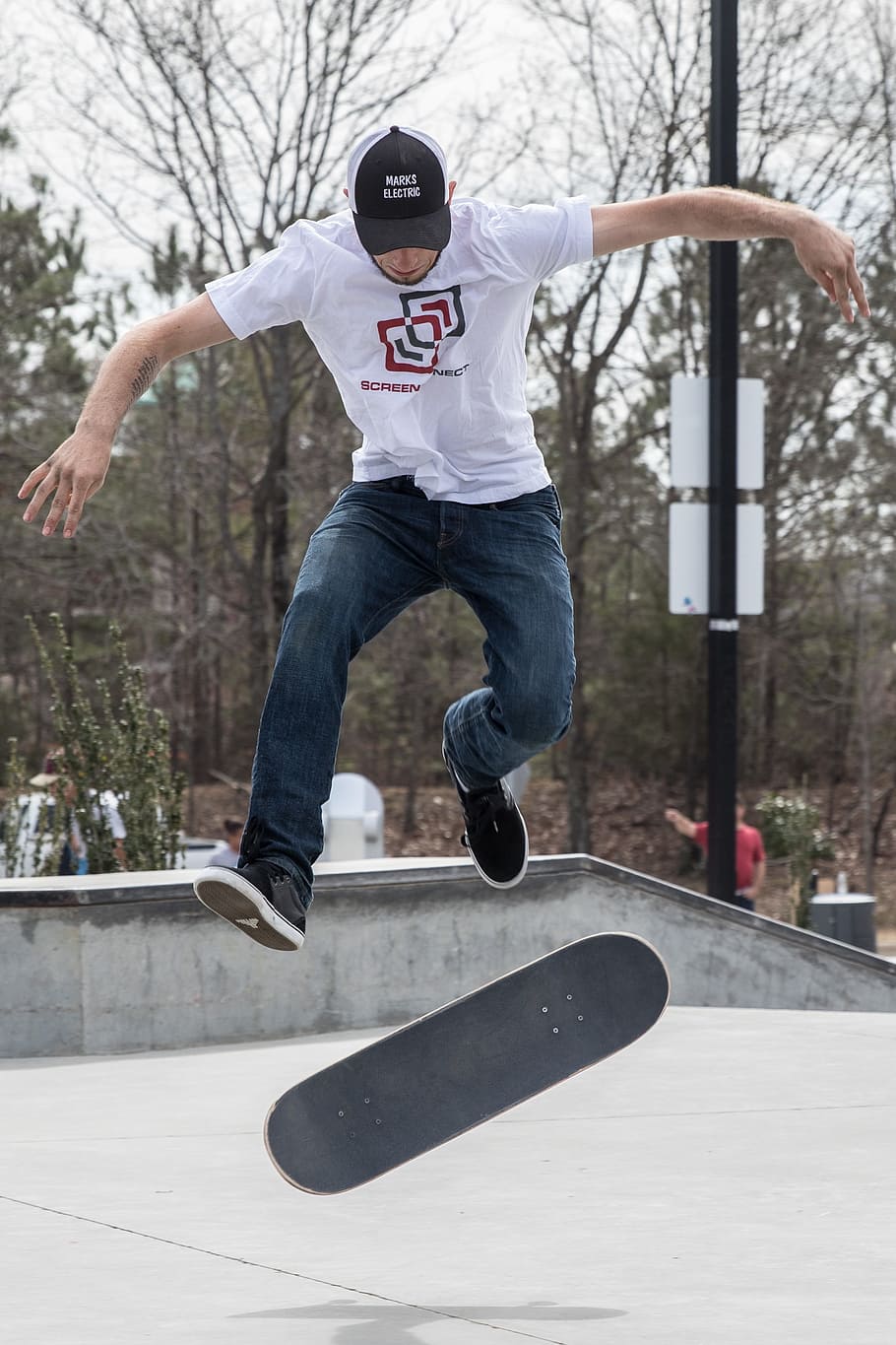 man flipping skateboard, fun, skate, skateboard, action, sport, mid-air, jumping, full length, real people