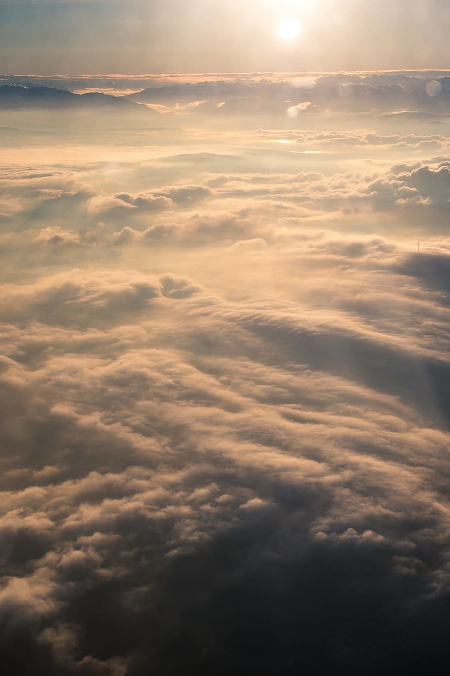 clouds, aircraft, above the clouds, fly, sky, sunrise, lighting, mountains, cloud - sky, beauty in nature