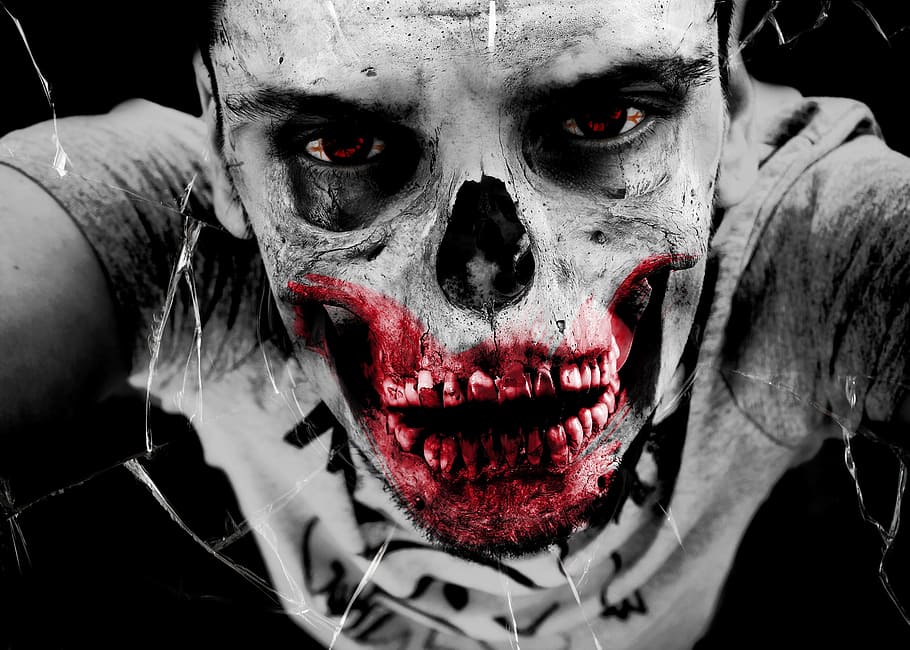 selective, color photography, man, bloody, skeleton face art, zombie, horror, undead, monster, bone