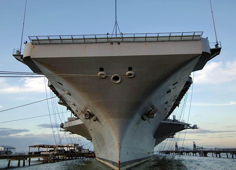 bottom view shot, gray, aircraft carrier, uss harry s truman, ship, navy, military, port, harbor, bay