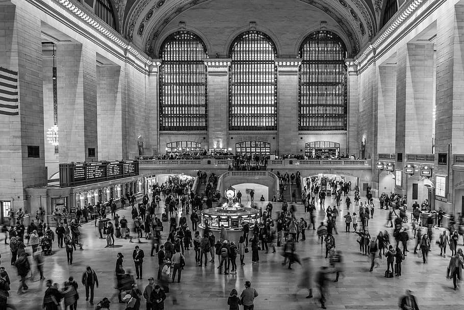 Nueva York, Manhattan, monocromo, personas, Grand Central Station, blanco y negro, arquitectura, multitud, hora punta, cercanías