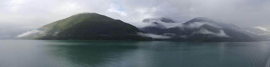 cloudy, mountain, surrounded, body, water, body of water, alaska, open water, mountains, ocean