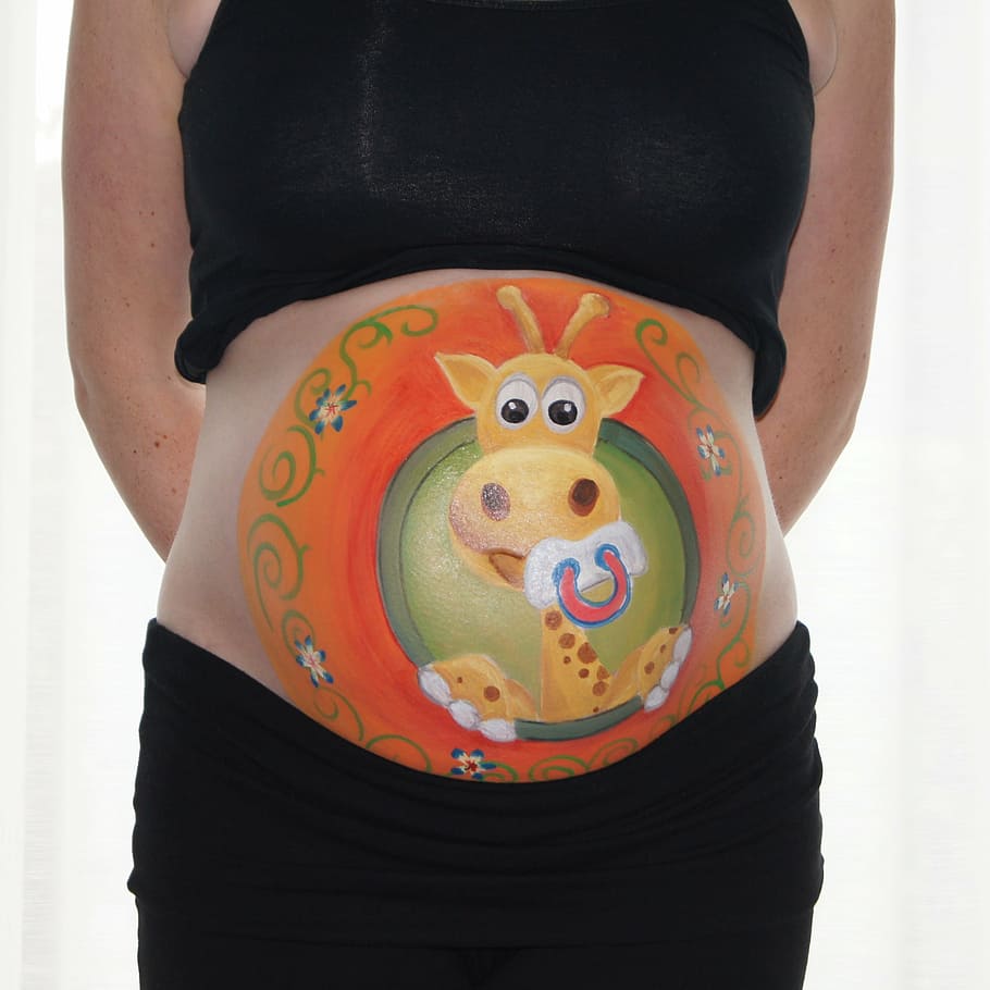 bellypaint, belly painting, pregnant, baby, giraffe, cute, belly, midsection, one person, beginnings