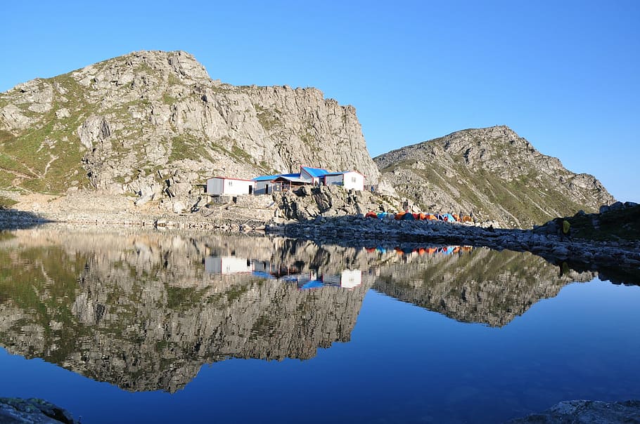 taebaek mountain tianchi, the scenery, outdoor, reflection, water, sky, mountain, nature, clear sky, blue