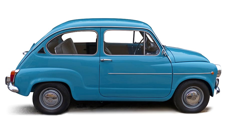 carro, fundo branco, velho, vintage, azul, clássico, assento, assento 600, seiscentos, modo de transporte
