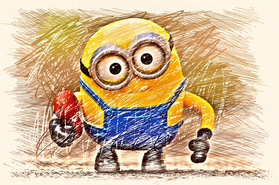 painting, yellow, blue, minion, funny, figure, drawing, colorful, children, illustration