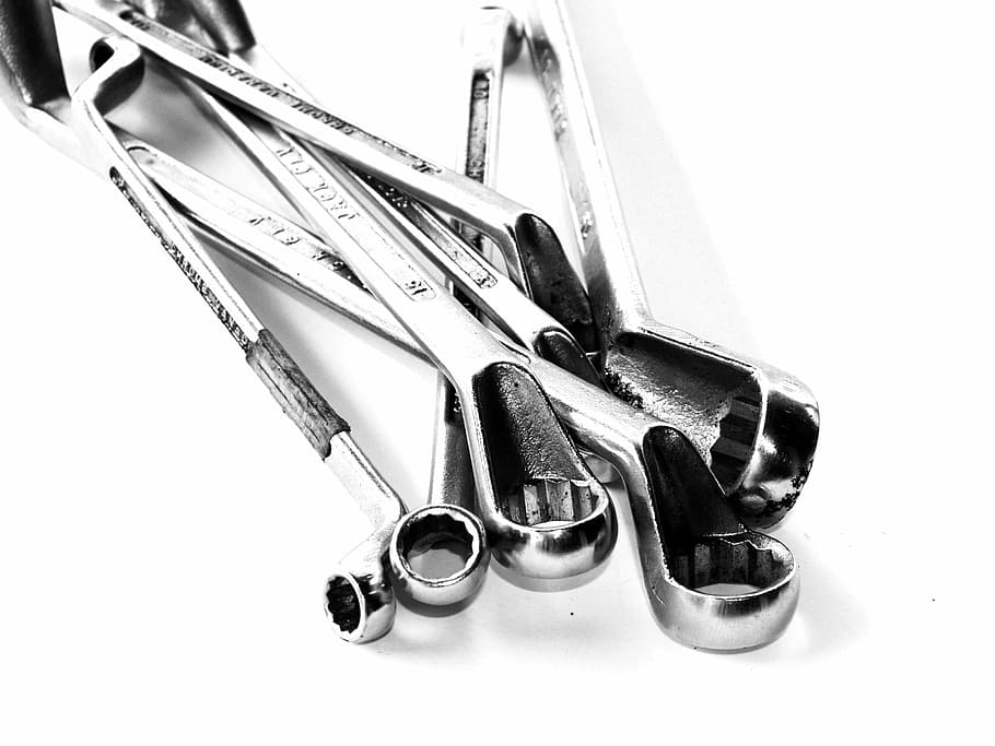 grayscale photo, combination, wrench, tools, set, handyman, hand, white, repairman, background
