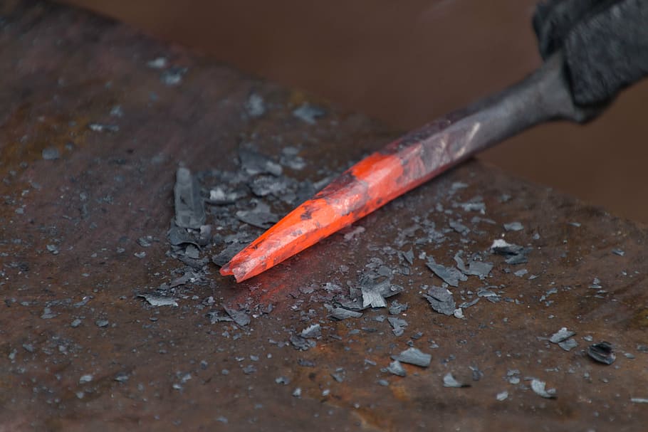 hot iron, metal, metallurgy, smith, old craft, wood - material, close-up, red, indoors, orange color