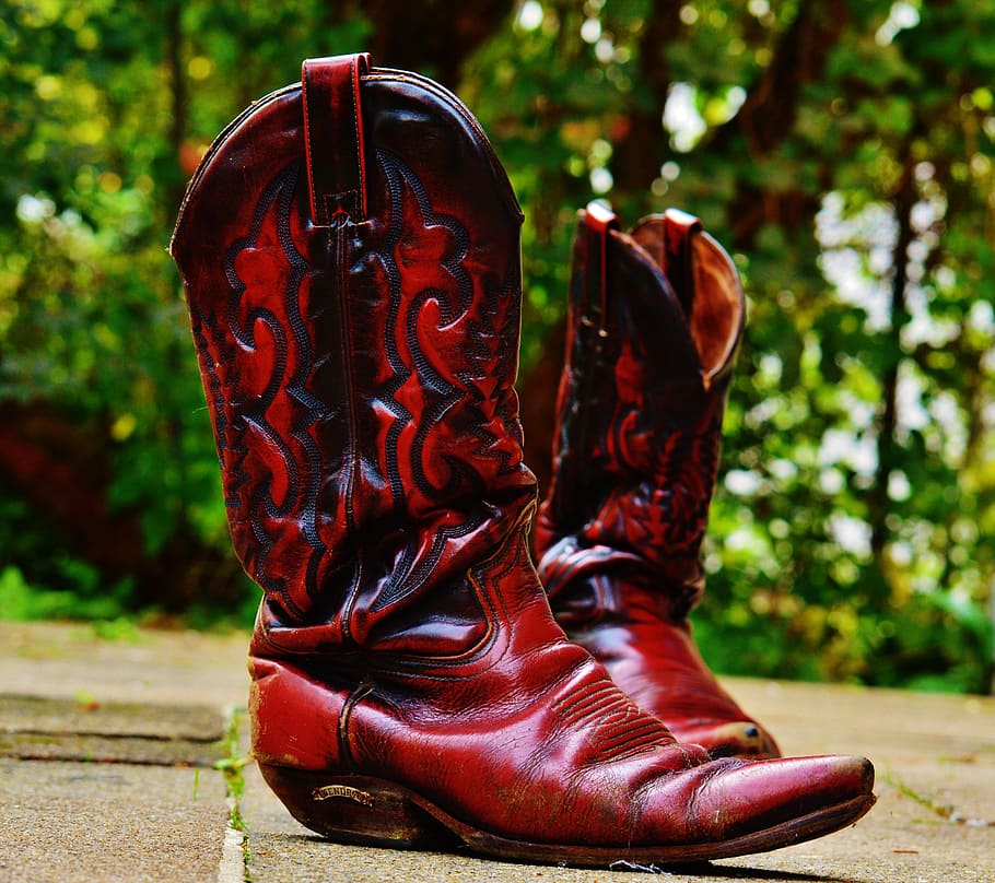 cowboy boots, leather, 80s, retro, boots, old, leather boots, shoes, focus on foreground, red