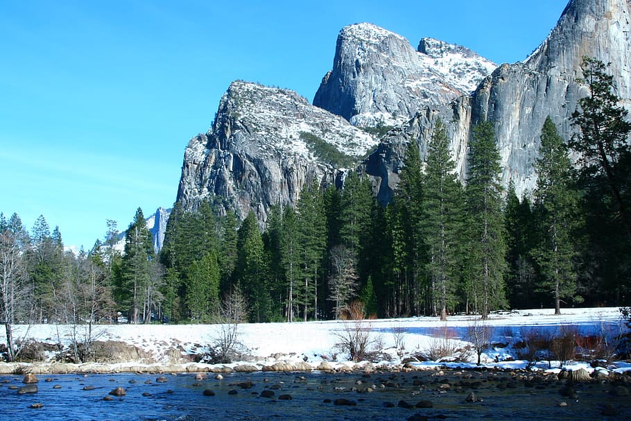 yosemite, river, snow, valley, park, natural, national, state of california, travel, forest