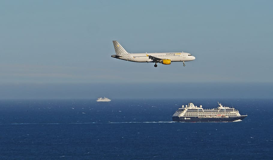 Blanco, avión, océano, aterrizaje, mediterráneo, agradable, envío, tráfico aéreo, aeropuerto, charter