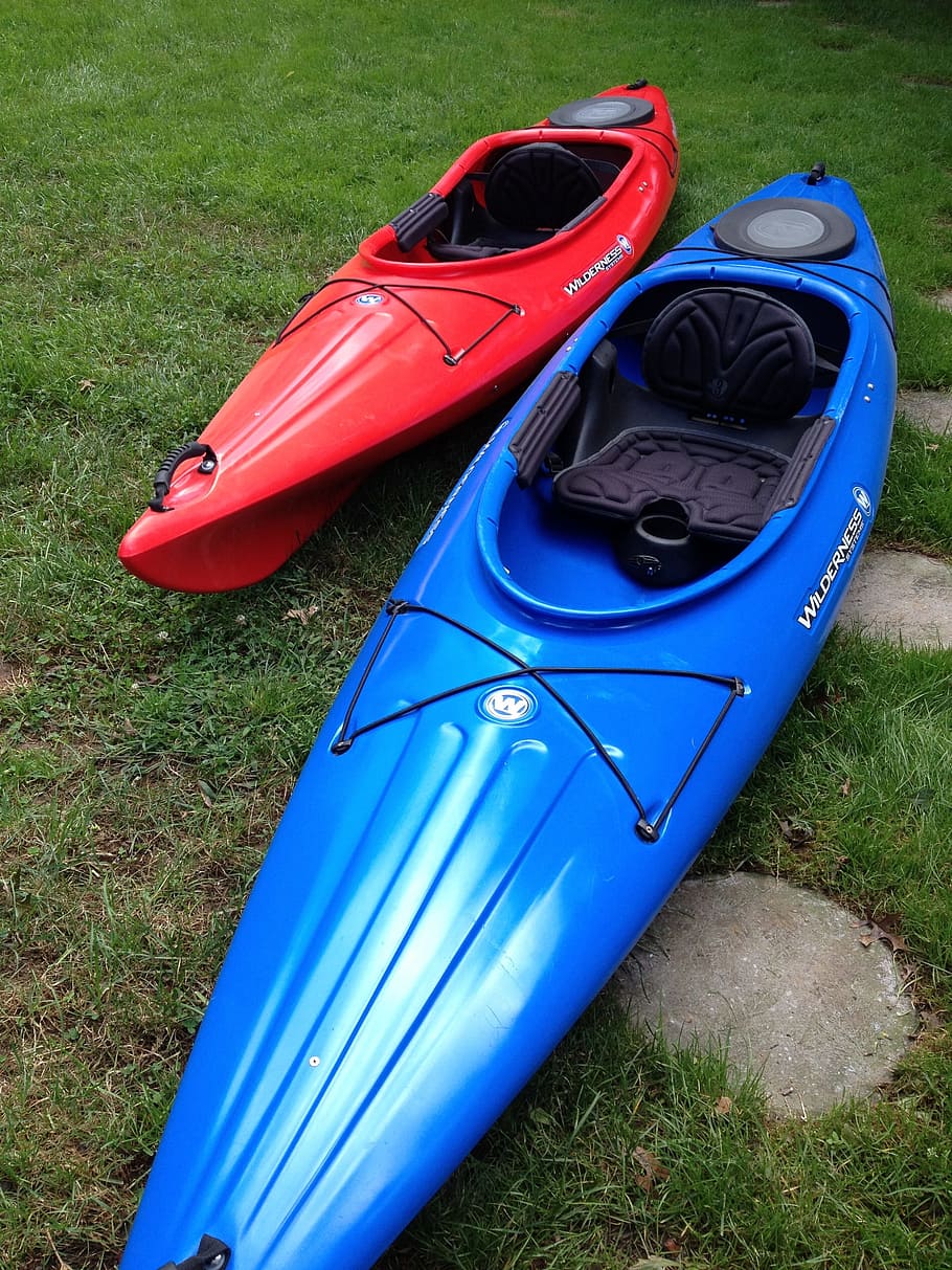 Kayak, barco, rojo, azul, deporte, canoa, remo, recreación, navegación, actividad