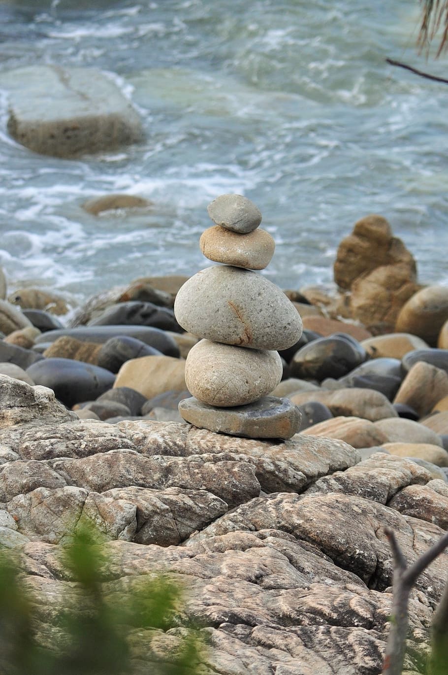 stone balancing, beach, australia, rock, solid, water, stack, rock - object, stone - object, pebble