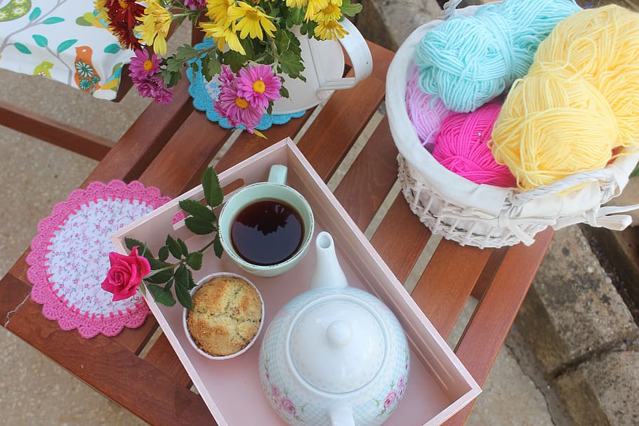 tea time, tea, relaxation, rest, garden, rose, taste, enjoy tea, crochet, food and drink