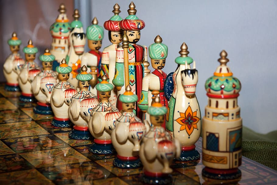 selective, focus photography, brown, green, chess piece, chessboard, chess game, chess pieces, persia, iran