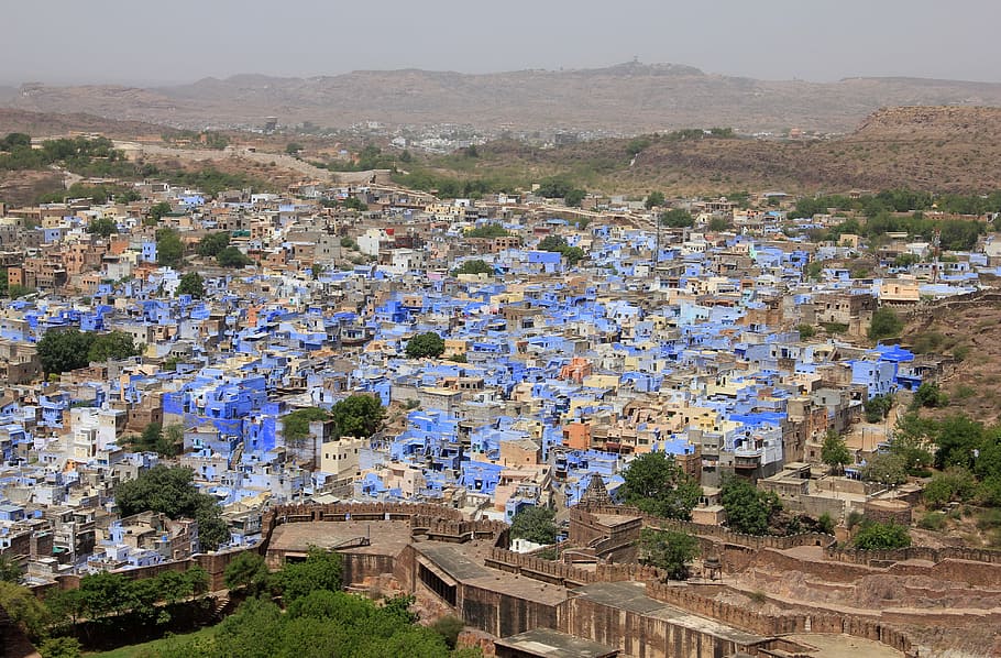 city, surrounded, mountains, jodhpur, blue city, rajasthan, india, building exterior, architecture, built structure