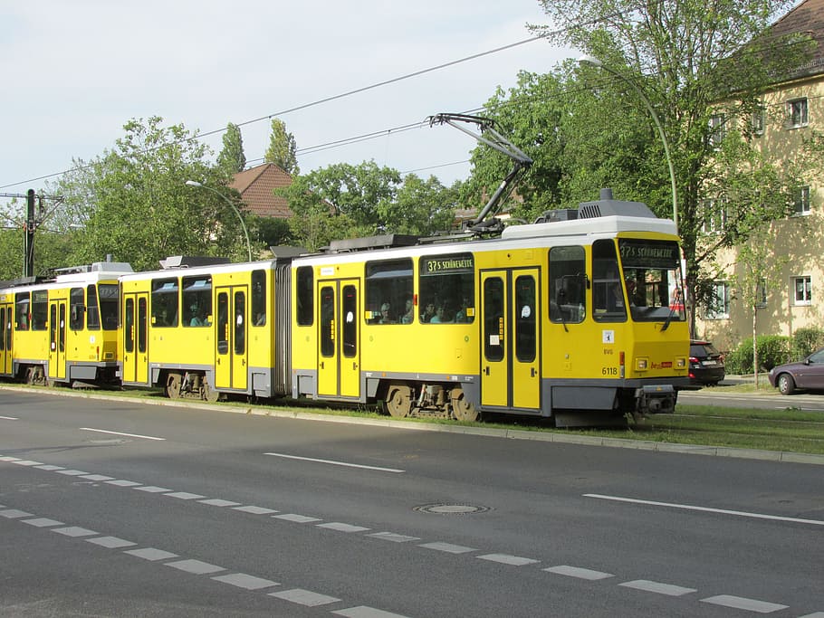 tranvía, berlín, bvg, capital, amarillo, carretera, señalización vial, calzada, alemania, transporte