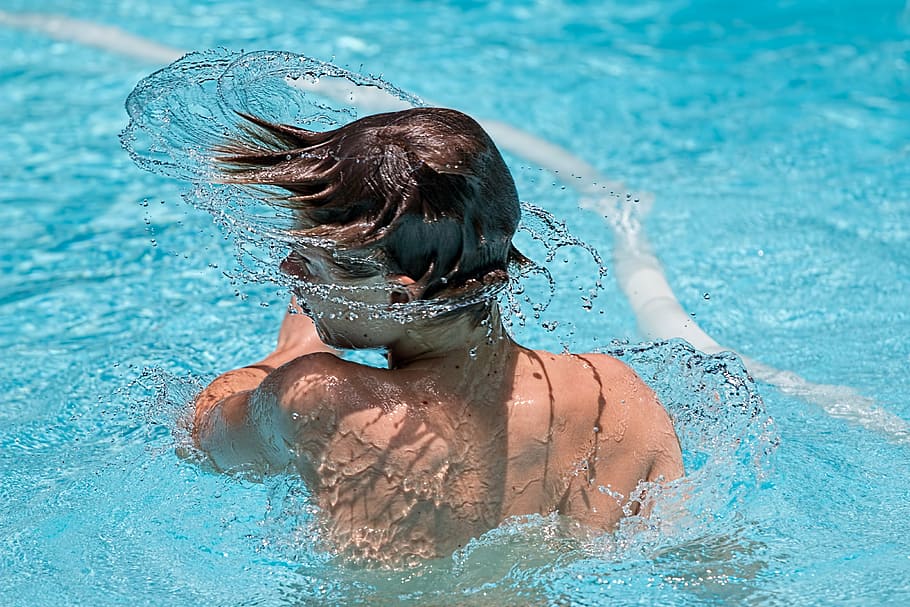 boy, black, hair, spinning, head, pool, swimming, splash, swimmer, summer