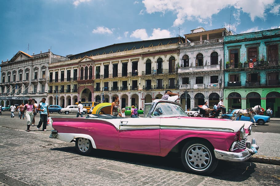 ピンク, キャデラックの車, 座っている, カラフル, 活気のある, 通り, 非公式, 首都, アメリカ。 古い, 都市のシーン