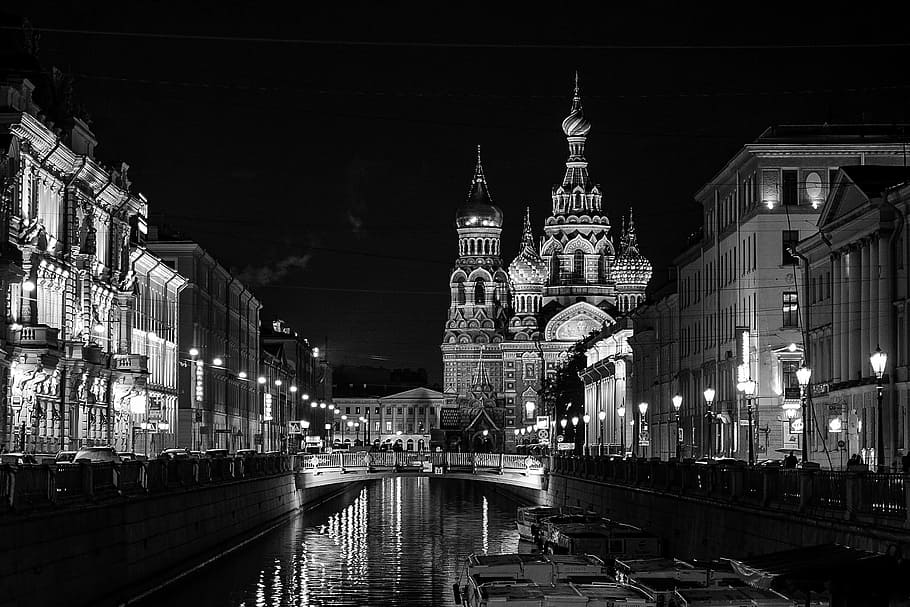 grayscale photography, st., basil, cathedral, moscow, st petersburg russia, nonoj petersburg, evening city, our savior on the blood, tourism