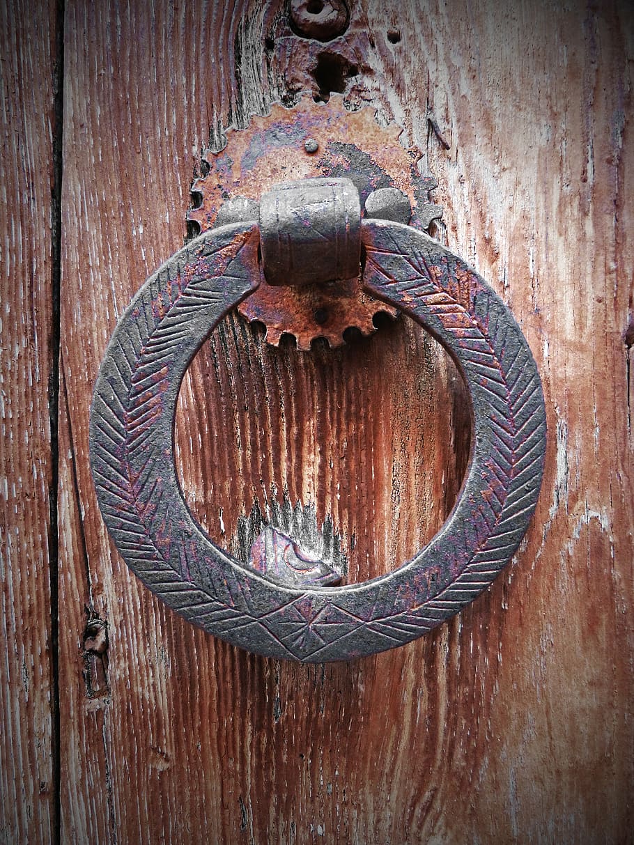 cincin, pintu, tua, besi, kayu, kayu - Bahan, pengetuk pintu, pintu masuk, gagang pintu, gerbang