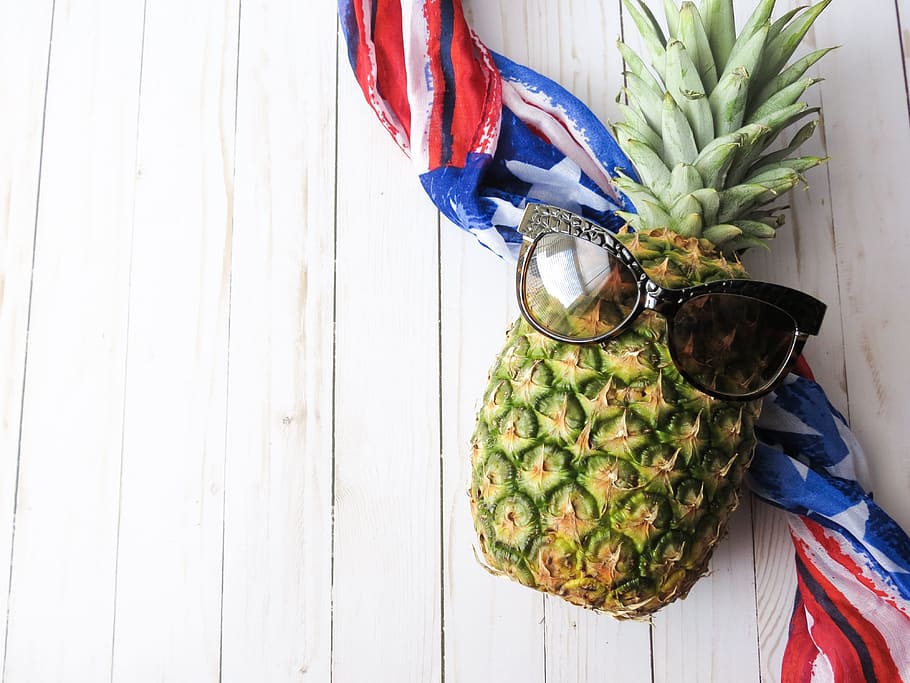 green, yellow, pineapple fruit, blue, red, scarf, brown, framed, sunglasses, pineapple