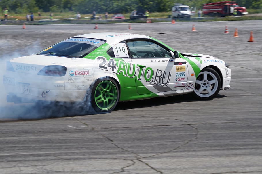 nissan silvia, drift competition, smoke from under the wheels, transportation, mode of transportation, car, motor vehicle, competition, sports race, day