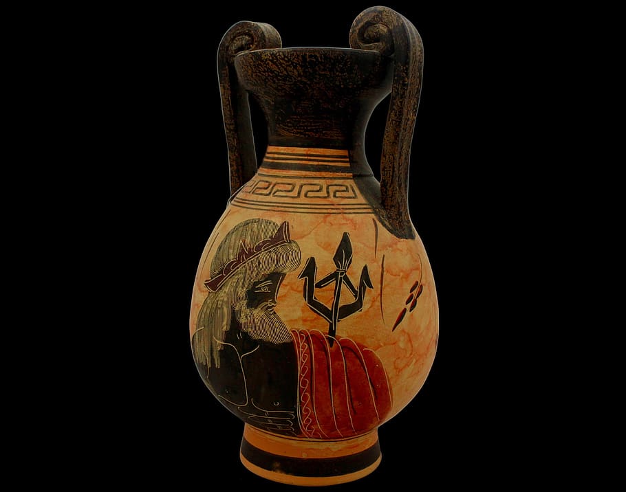 amphora, poseidon, mythology, greece, antique, the art of, god, black background, indoors, art and craft