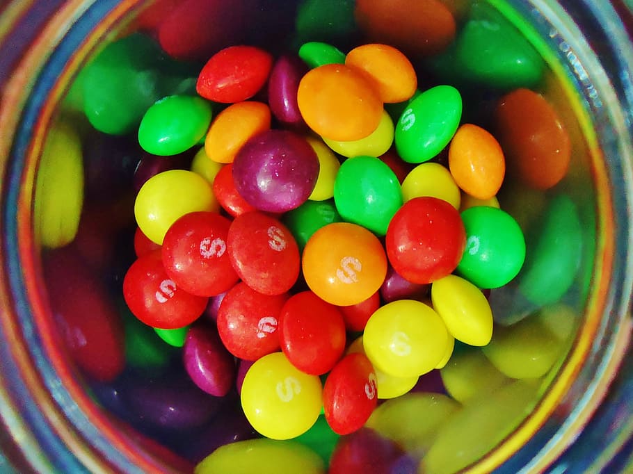 candies on bowl, candy, multicoloured, colors, multi colored, food and drink, food, directly above, close-up, bowl