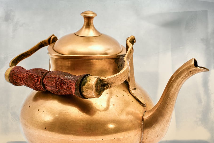 teapot, brass, pot, wood, tee, tableware, teatime, drink, beverages, wooden handle