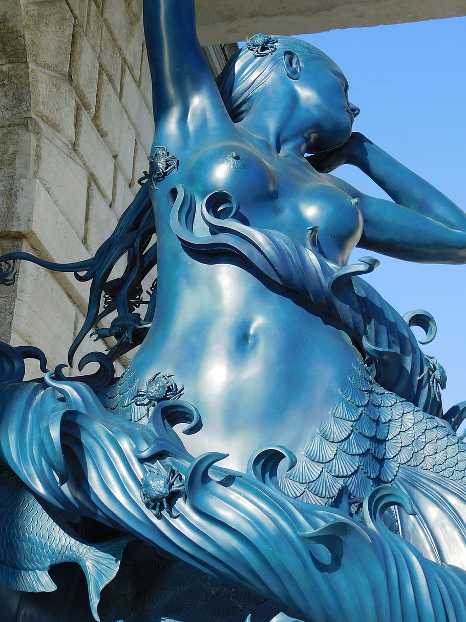statue, mermaid, blue, crabs, bronze, venice, representation, sculpture, art and craft, creativity