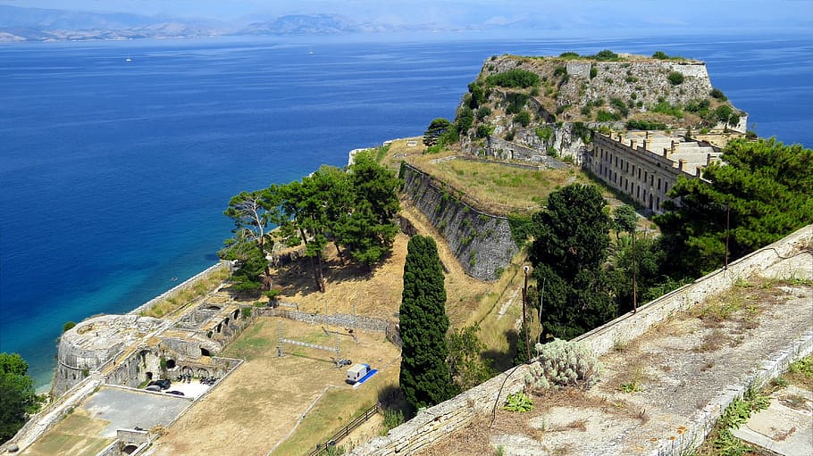 aerial, mountain, surrounded, body, water, fortress, paleo frodrio, island, corfu, view