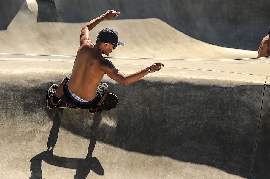 man, wearing, black, shorts, cap, riding, skateboard, skateboarding, skateboarder, action