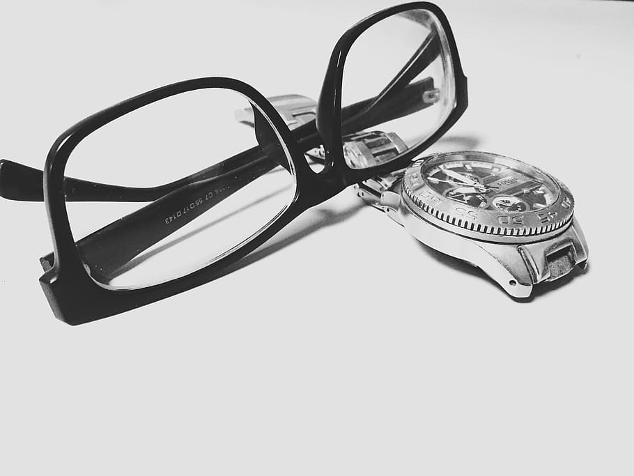 eyeglasses beside watch, accessory, black and white, close-up, eyeglasses, lens, safety, security, technology, time