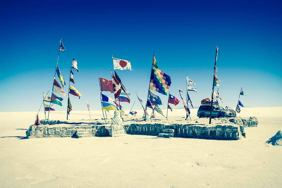 Uyuni Salt Flats, Bolivia, flags, suv, truck, vehicle, sky, flag, nature, water