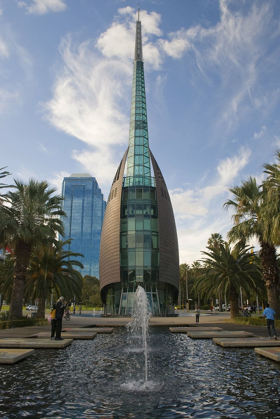 bell tower, perth, fountain, city, water, built structure, architecture, tree, building exterior, sky