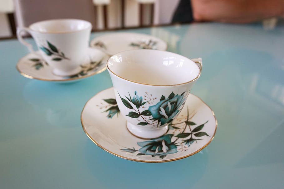 two, white-and-green, ceramic, teacups, saucers, tea, tea cup, vintage, saucer, afternoon