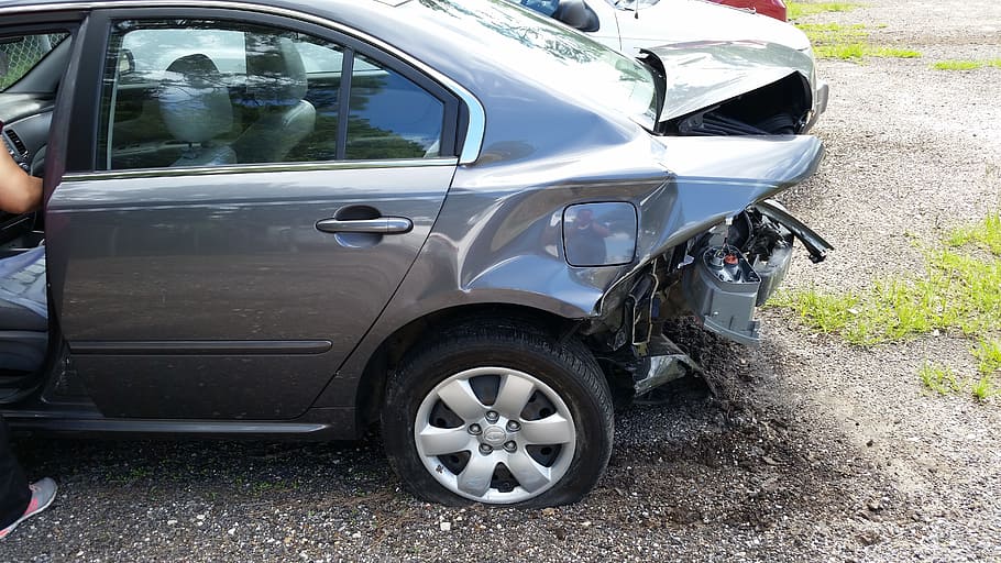 person, entering, wrecked, gray, sedan, Car Accident, Car Crash, car, transportation, mode of transport