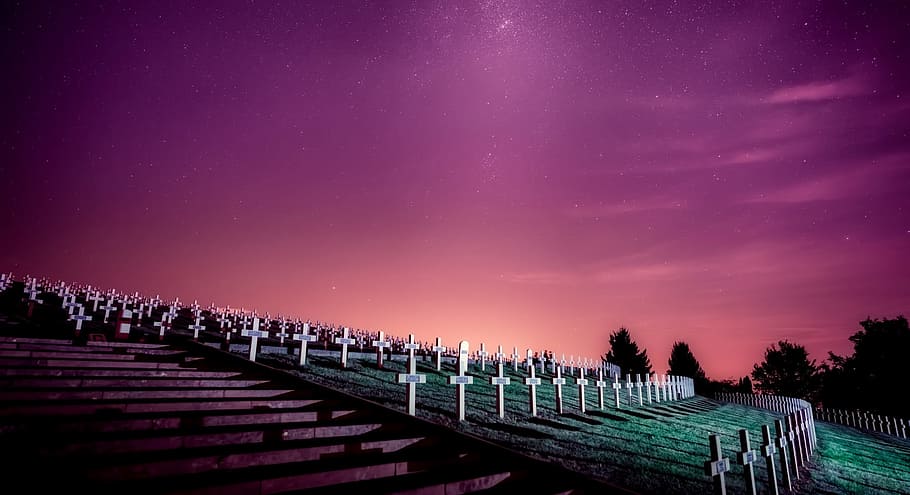 landscape photography, cemetery, france, military, graveyard, headstones, sky, clouds, stars, night