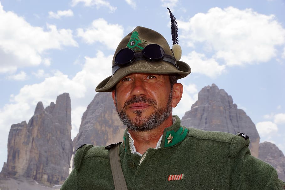 man, wearing, brown, fedora hat, alpine, soldier, three peaks, lavaredo, dolomites, troop