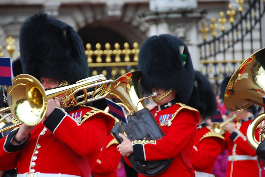 guardia, londres, palacio de buckingham, herramientas, banda, uniforme, soldado, palazzo, Música, instrumento musical