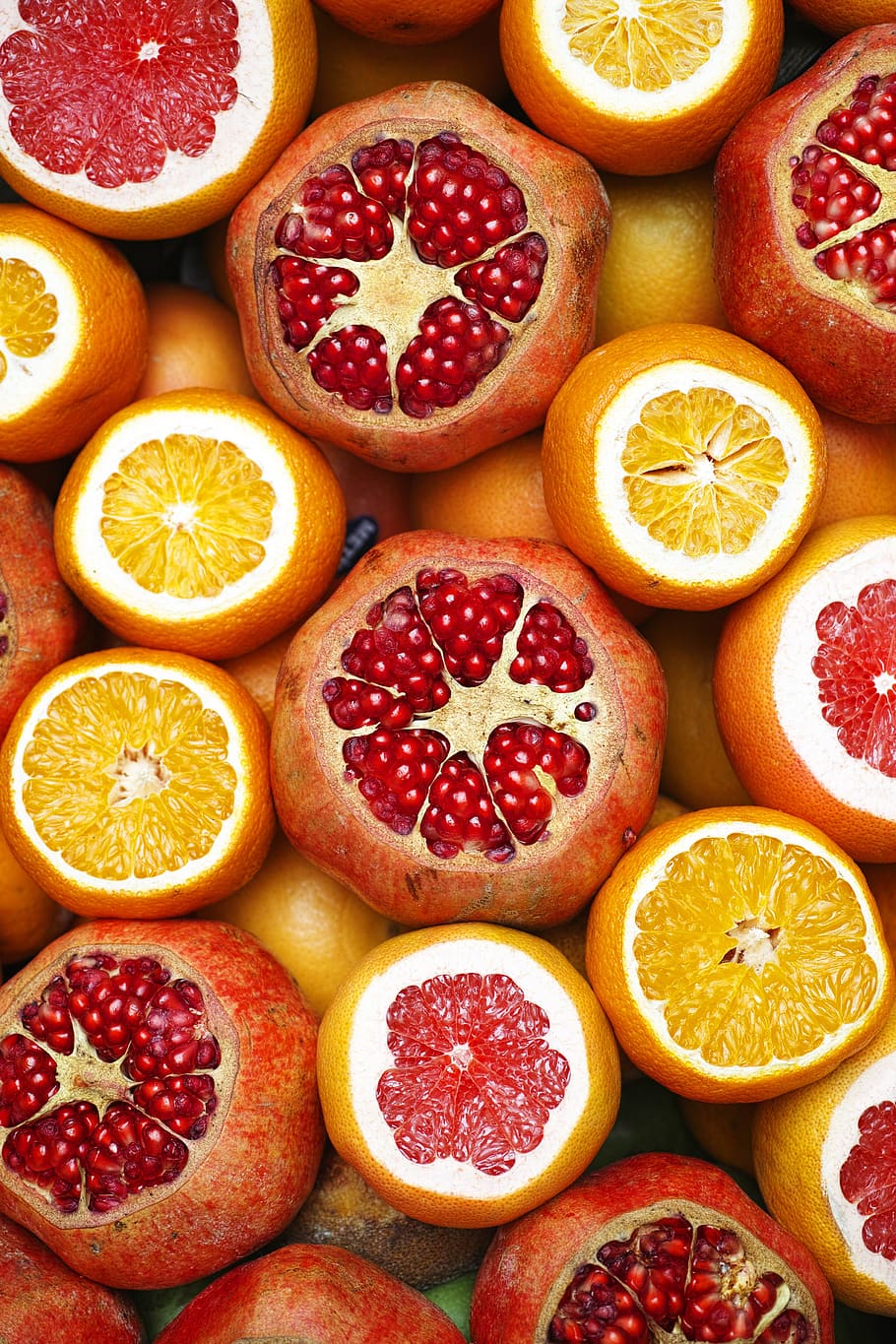 closeup, bunch, fruits, slice, fruit, lot, pomegranate, red, orange, yellow