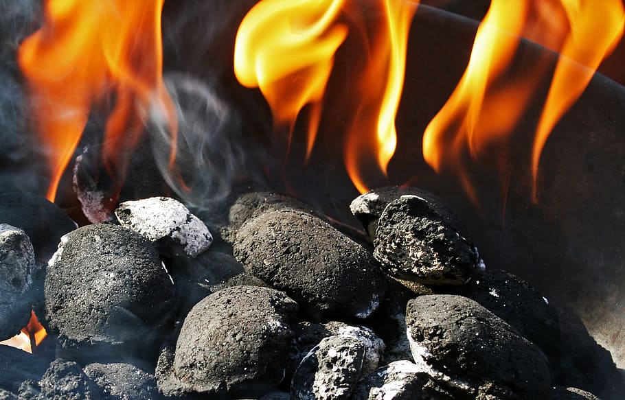 burning coals, charcoal fire, charcoal, briquettes, fire, flames, burning, orange, gold, glowing