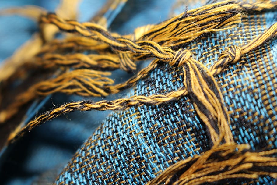 fabric, woven, weave, fransen, blue, gold, black, textile, close-up, rope