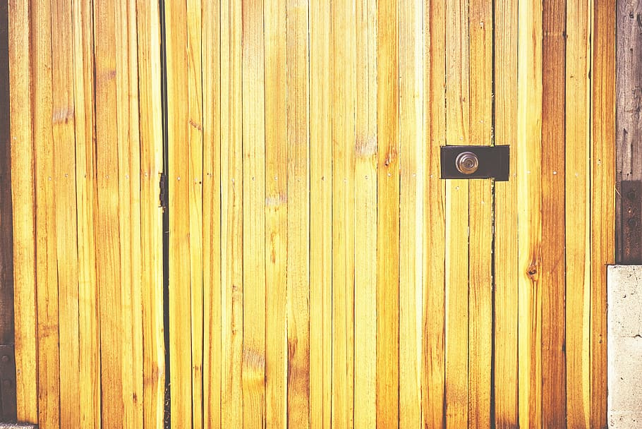brown, wooden, door, close, wood, fence, gate, keyhole, yellow, wood - material