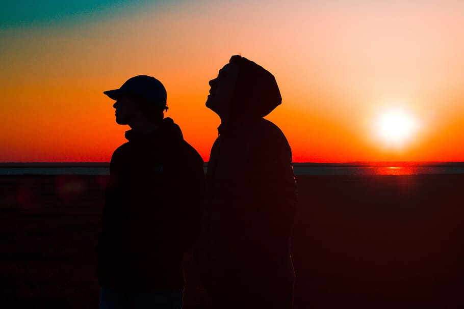 two, men, sunset, Silhouettes, people, friends, nature, summer, sea, beach