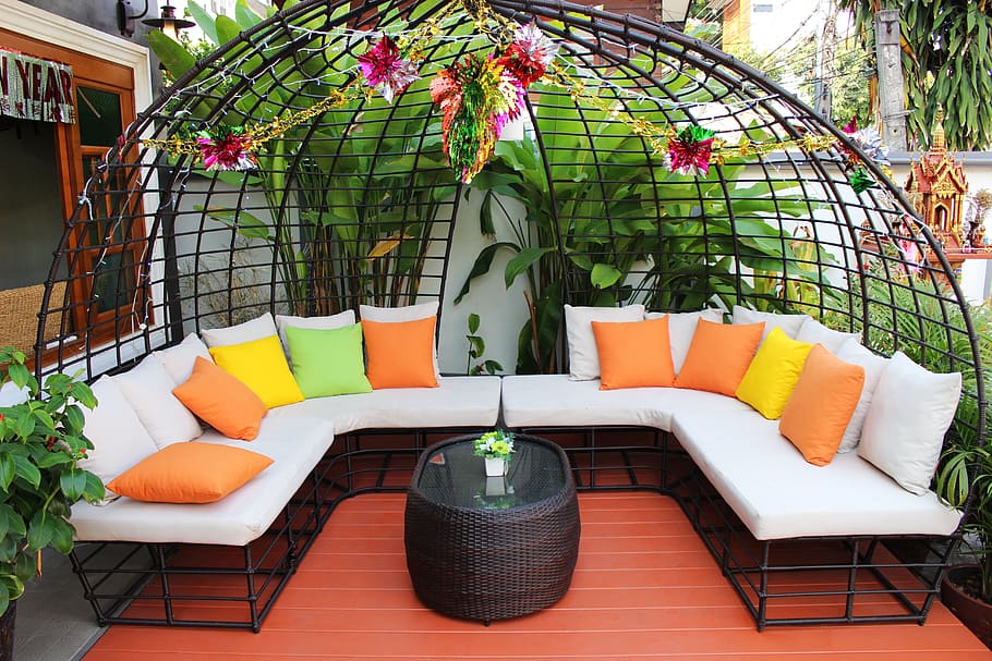 white, sectional, couch, surrounded, plants, seating, patio, furniture, outdoor, home