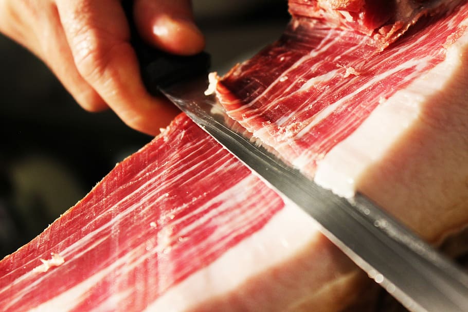 cutting spanish ham, Spanish ham, cooking, cutting, jabugo, jamon, jamon iberico, knife, process, serrano